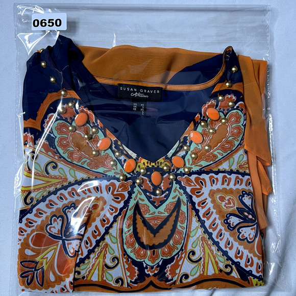 Susan Graver Womens XS Orange Paisley Kimono Kaftan‎ Blouse Set Oversized Boho - Picture 12 of 13